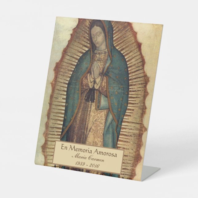 Spanish Guadalupe Mary Funeral Prayer  Holy Card Pedestal Sign (Front)