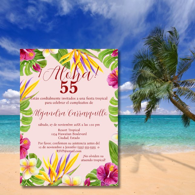 Spanish Hawaiian Pink Aloha Colourful 55th Birthda Invitation (Creator Uploaded)