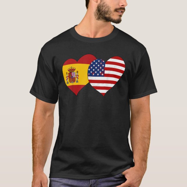 Spanish Hispanic Day Oct 12th Spain USA Flag Heart T-Shirt (Front)