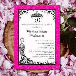 Spanish Hot Pink Black Classy 50th Birthday Party Invitation
