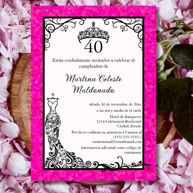 Spanish Hot Pink Black Elegant 40th Birthday Party Invitation (Creator Uploaded)