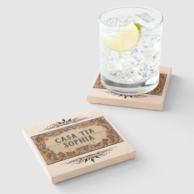 Spanish House Sign (text customizable) Stone Coaster (Side)