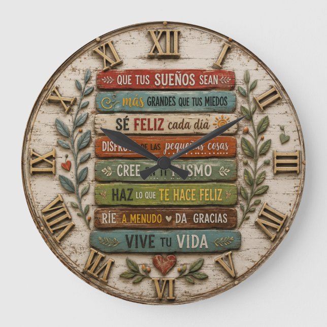 Spanish Inspirational Quote Rustic Farmhouse Large Clock (Front)
