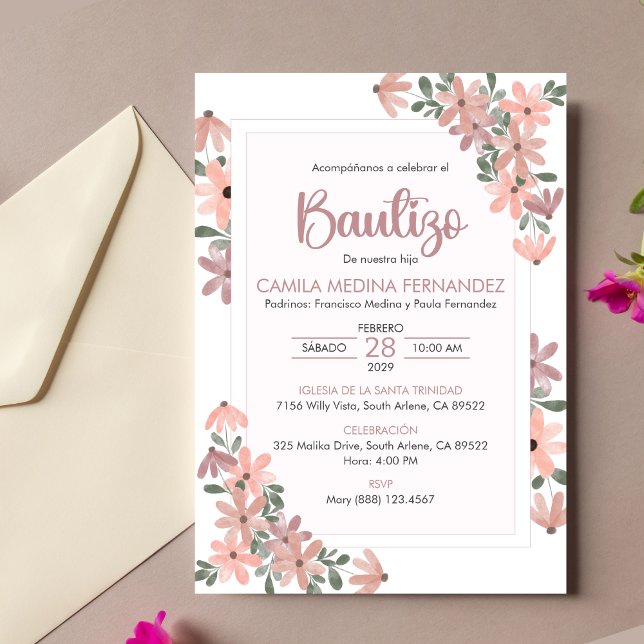 Spanish Invitacion Bautizo Boho Flowers Baptism Invitation (Creator Uploaded)