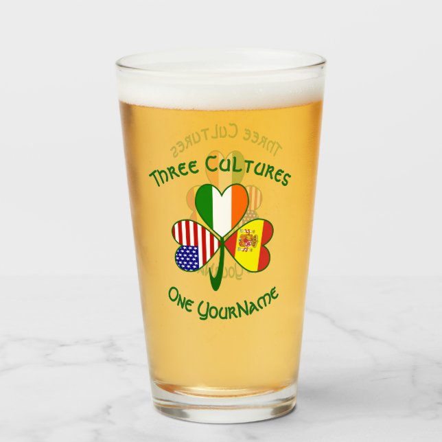 Spanish Irish American Flags Shamrock Personalize Glass (Front Filled)