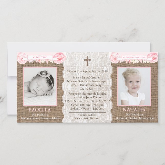 Spanish Joint Baptism / Communion cards for twins (Front)