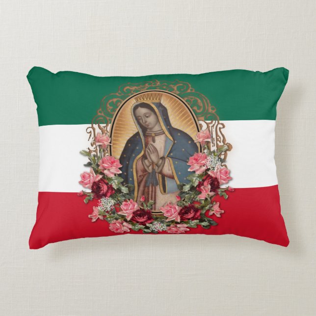 Spanish Lady of Guadalupe Mexican Flag Religious A Accent Pillow (Front)