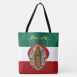 Spanish Lady of Guadalupe Mexican Flag Religious  Tote Bag