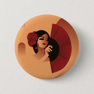 Spanish Lady  with fan and red rose in hair 2 Inch Round Button