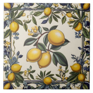 Spanish Lemon Branch Lemons Leaves Blue & White Tile