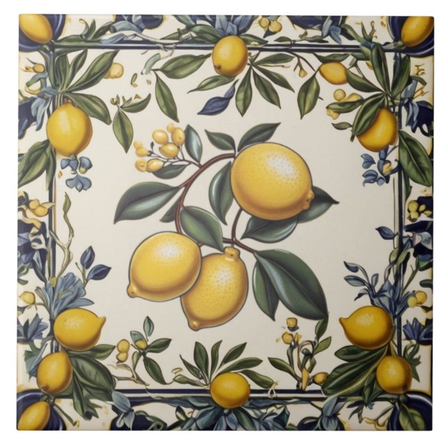 Spanish Lemon Branch Lemons Leaves Blue & White Tile (Front)