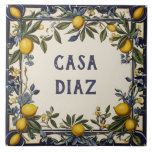 Spanish Lemon Custom House Name Plate Plaque Sign Tile<br><div class="desc">custom house name plate, personalized house name plaque, personal customized text sign, lemon farm casa ceramic tile, mediterranean green yellow lemons fruit, traditional portuguese spanish nature, last family name surname, italian farmhouse home signage, decorative antique rustic farming villa, blue and white vintage art</div>