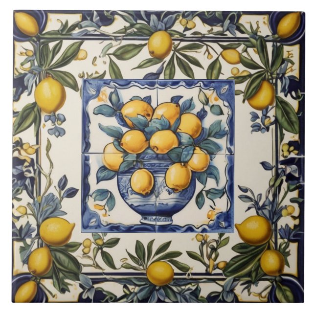 Spanish Lemons in Vase Pot Blue & White Tile (Front)