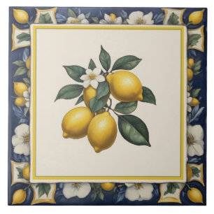 Spanish Lemons on Branch Lemon Leaves Blue & White Tile