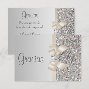 Spanish Light Champagne Bow Silver Sequin Gracias Thank You Card