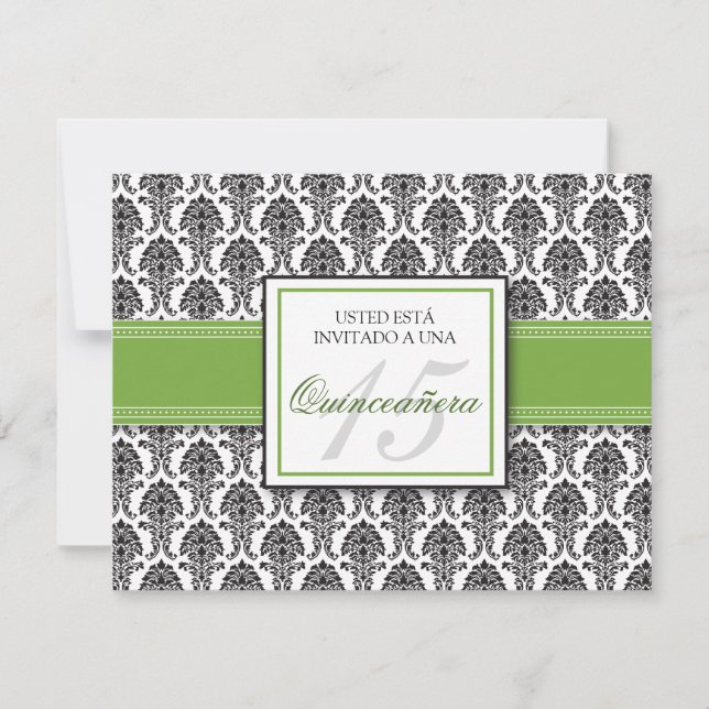 SPANISH Lime Green Damask Quinceañera Invitación Invitation (Front)