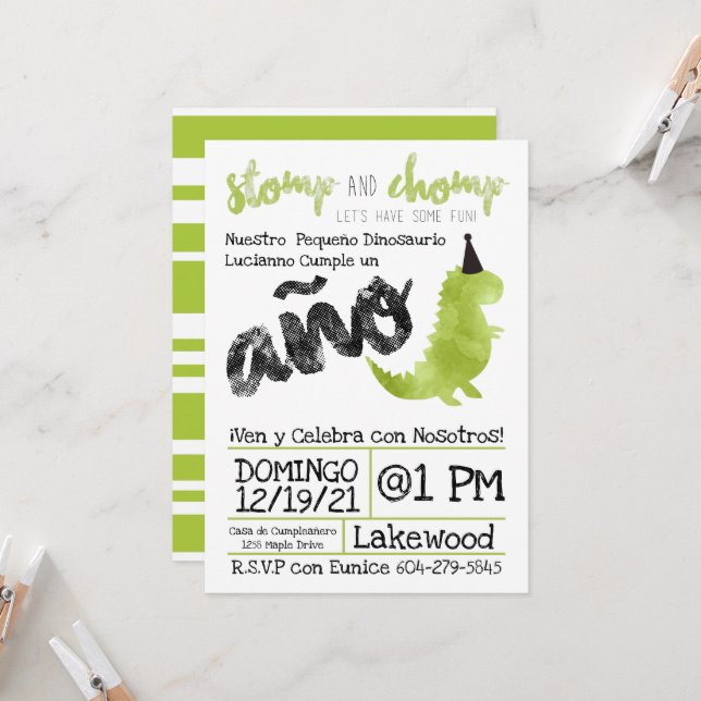 Spanish Little Dino   dinosaurio verde Chico Invitation (Front/Back In Situ)