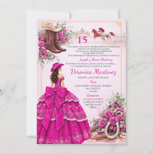 Spanish Magenta Fuchsia Floral Charro Girl 15 Años Invitation