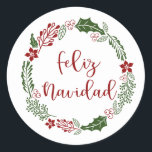 Spanish Merry Christmas Wreath, Feliz Navidad Classic Round Sticker<br><div class="desc">Green and red Christmas holiday wreath design round stickers for envelopes,  gifts etc,  with the words Merry Christmas in Spanish: Feliz Navidad</div>