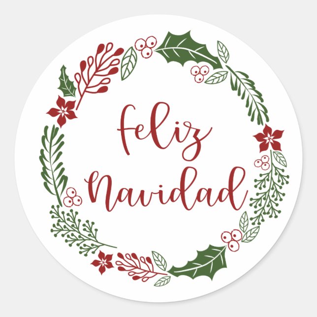 Spanish Merry Christmas Wreath, Feliz Navidad Classic Round Sticker (Front)