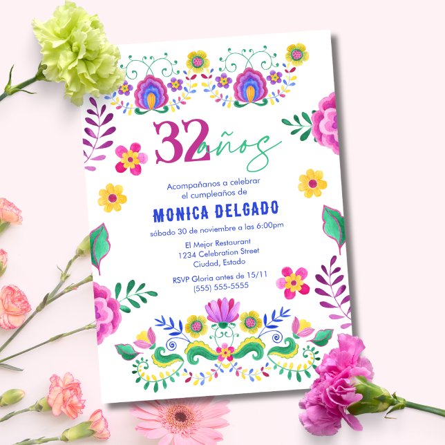 Spanish Mexican Fiesta Floral 32nd Birthday Party Invitation (Creator Uploaded)