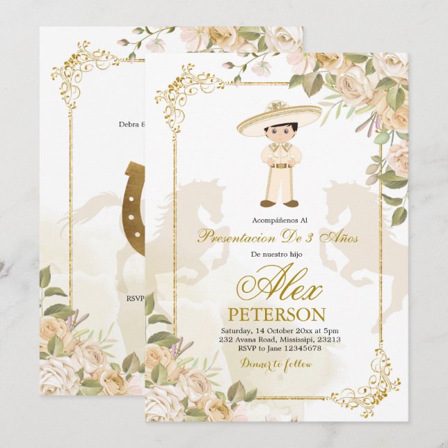Spanish Mexican Gold Charro 3 Anos Invitation (Front/Back)