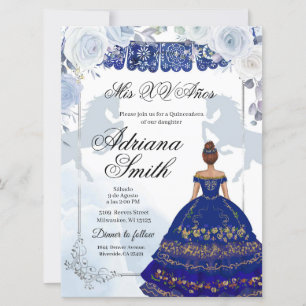 Spanish Mexican Mis Quince Navy Blue Silver Invitation