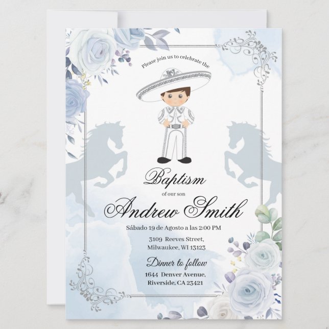 Spanish Mexican Silver Charro Baptism Invitation (Front)