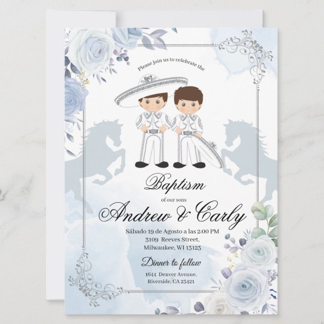 Spanish Mexican Silver Twin Charro Baptism Invitation (Front)