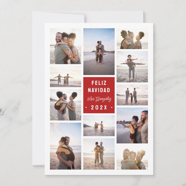 Spanish Minimalist 12 Photo Collage Feliz Navidad Holiday Card (Front)