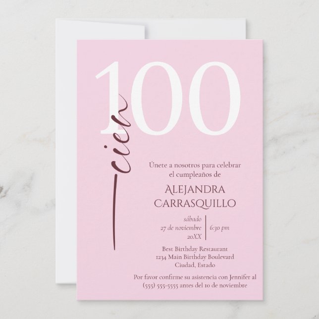 Spanish Minimalist Feminine Pink 100th Birthday  Invitation (Front)