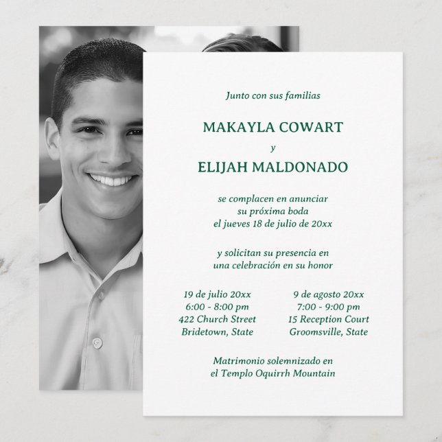 Spanish Minimalist Green & White Two Reception Invitation (Front/Back)