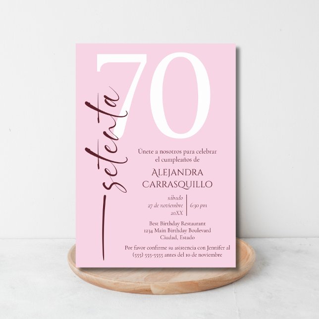 Spanish Minimalist Pink Delicate 70th Birthday  Invitation (Creator Uploaded)