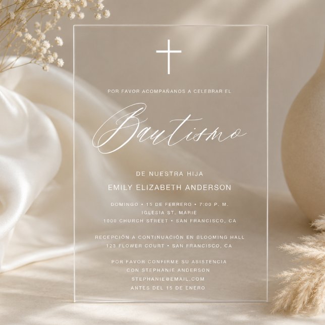 Spanish Minimalist Script White Baptism Acrylic Invitations (Creator Uploaded)