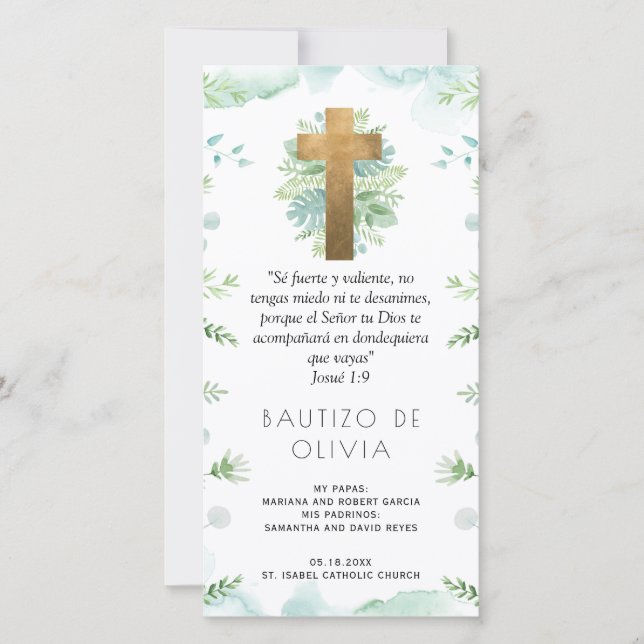Spanish, Mint Greenery Baptism Bookmark Favour Thank You Card (Front)