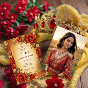 Spanish Mis XV Vintage Romantic Photo Red Flowers Invitation
