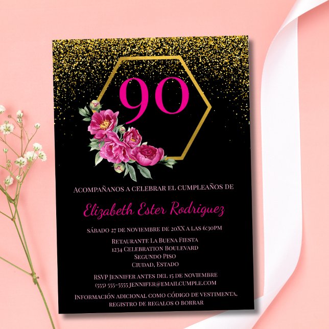 Spanish Modern Black Gold & Pink 90th Birthday Invitation (Creator Uploaded)
