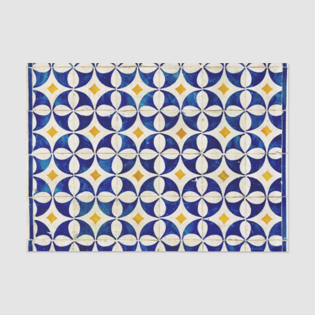 Spanish Moroccan Tile Navy Blue Yellow White Tissue Paper (Front)