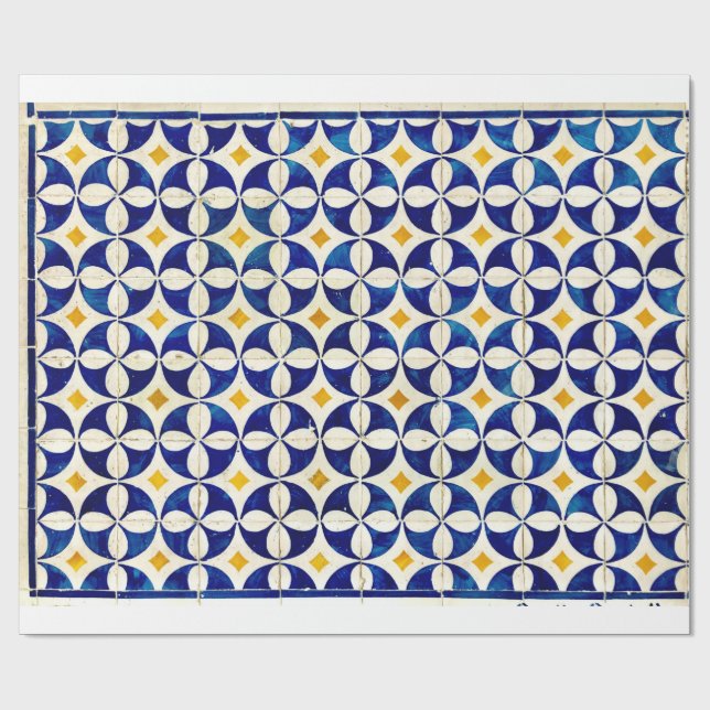 Spanish Moroccan Tile Navy Blue Yellow White Wrapping Paper (Flat)