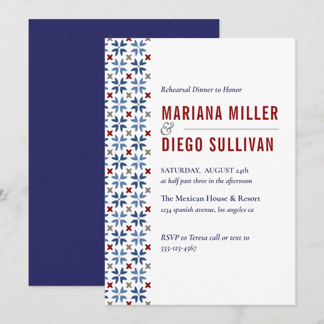 Spanish Navy and Red Tile Mediterranean wedding Invitation (Front/Back)