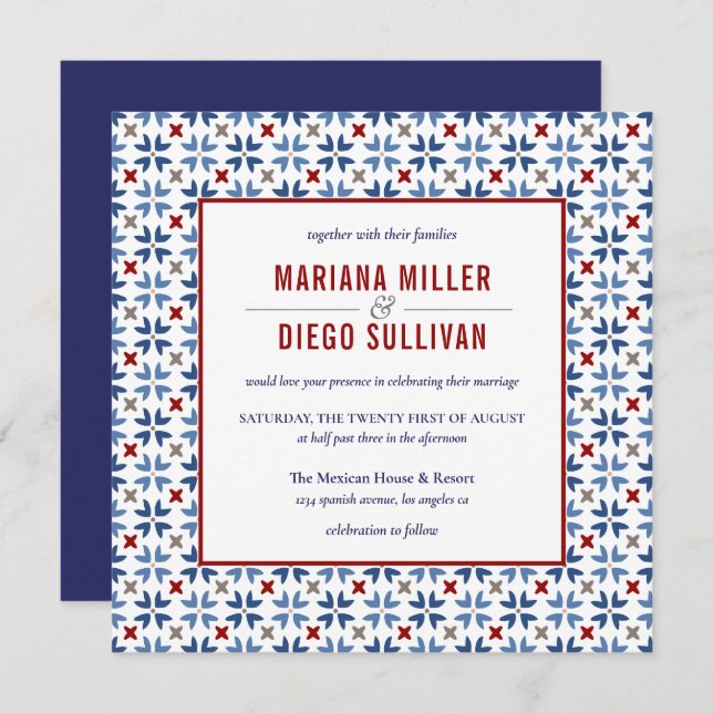 Spanish Navy and Red Tile Mexican wedding Invitation (Front/Back)