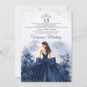 Spanish Navy Blue Princess Floral Sweet 15 Años Invitation