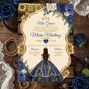 Spanish Navy Floral Wood Princess Quiñceanera Invitation