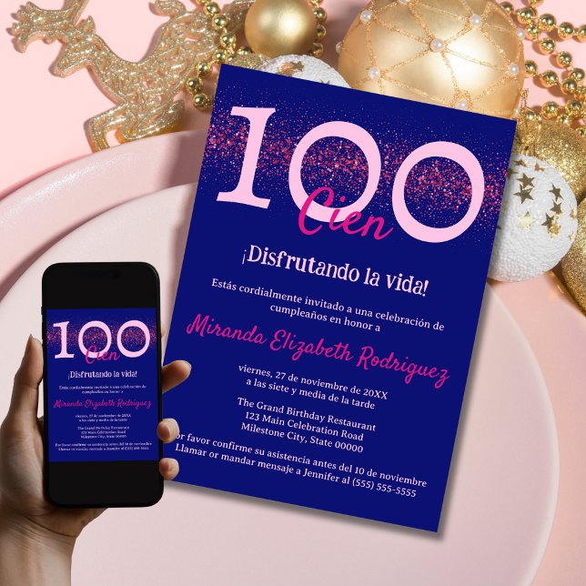 Spanish Navy Hot Pink Chic Womens 100th Birthday Invitation (Creator Uploaded)