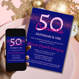 Spanish Navy Hot Pink Elegant Womens 50th Birthday Invitation