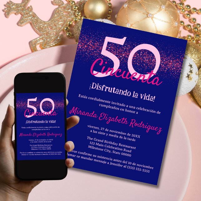 Spanish Navy Hot Pink Elegant Womens 50th Birthday Invitation (Creator Uploaded)