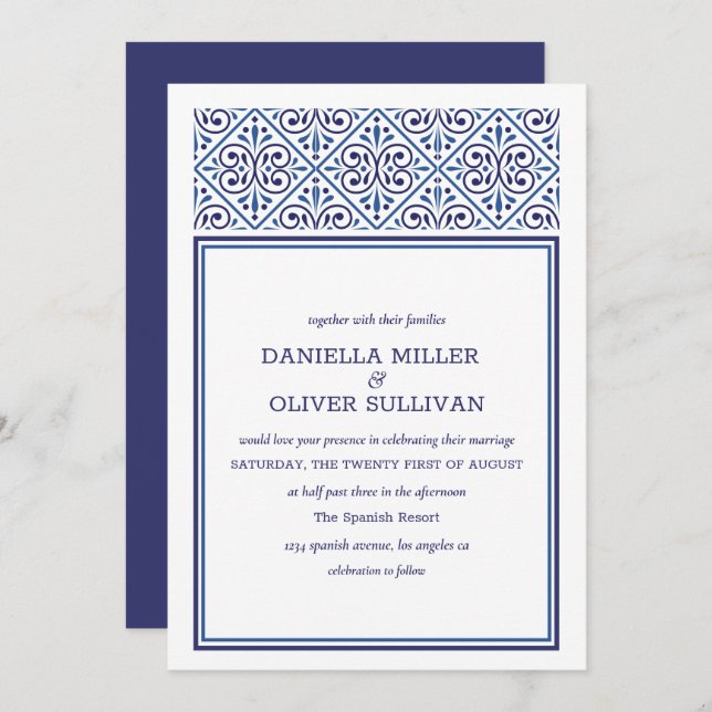 Spanish Navy  Tile Frame Mediterranean wedding Invitation (Front/Back)