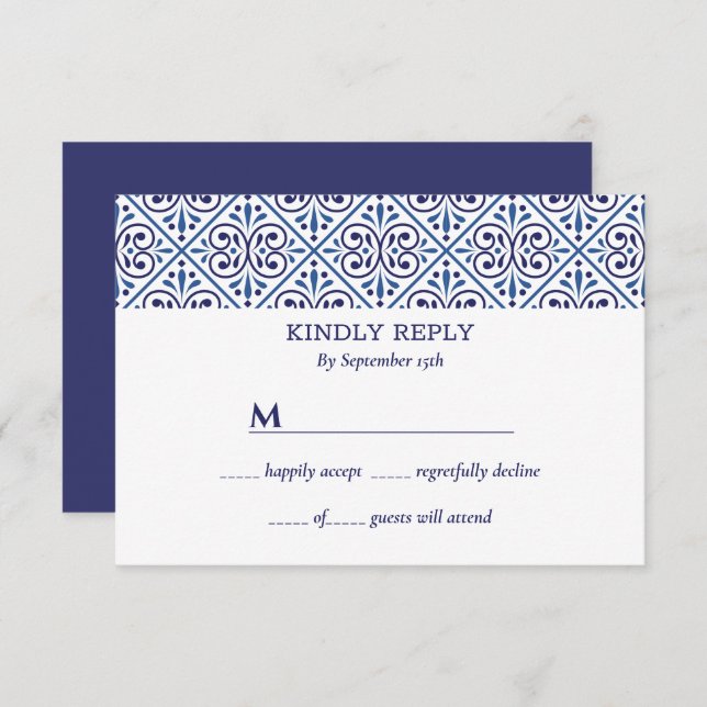 Spanish Navy  Tile Mediterranean wedding rsvp Invitation (Front/Back)