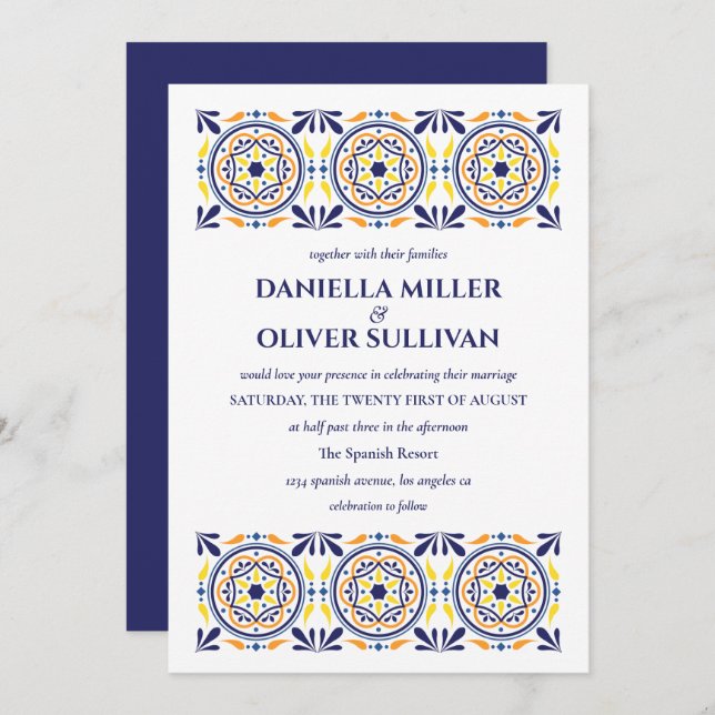 Spanish Navy Yellow Tile Mediterranean wedding Invitation (Front/Back)
