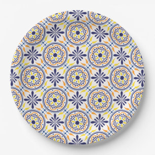 Spanish Navy Yellow Tile mediterranean wedding V2 Paper Plate